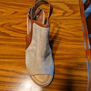 Coach and Four.  Tan/brown suede & leather peep toe heel sandal.